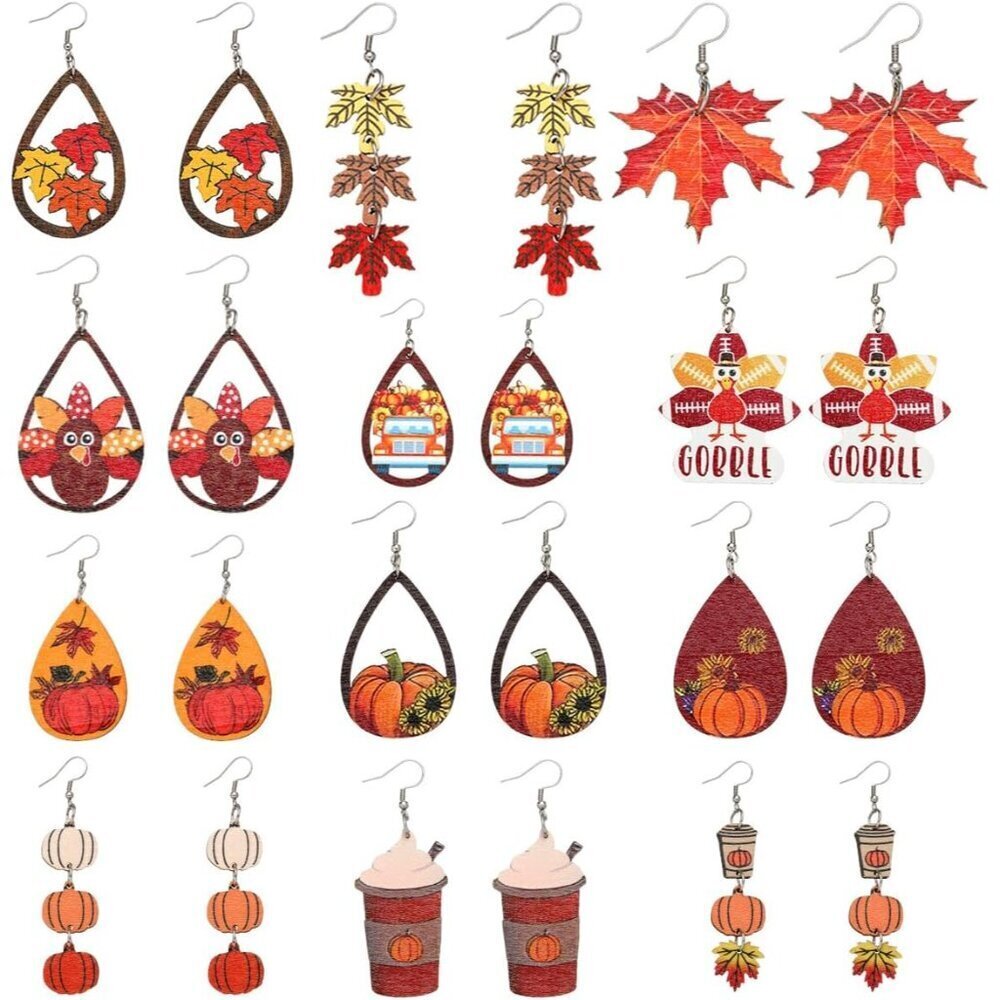Thanksgiving Earrings Set Wooden Maples Sunflowers Pumpkins Turkey Jewelry